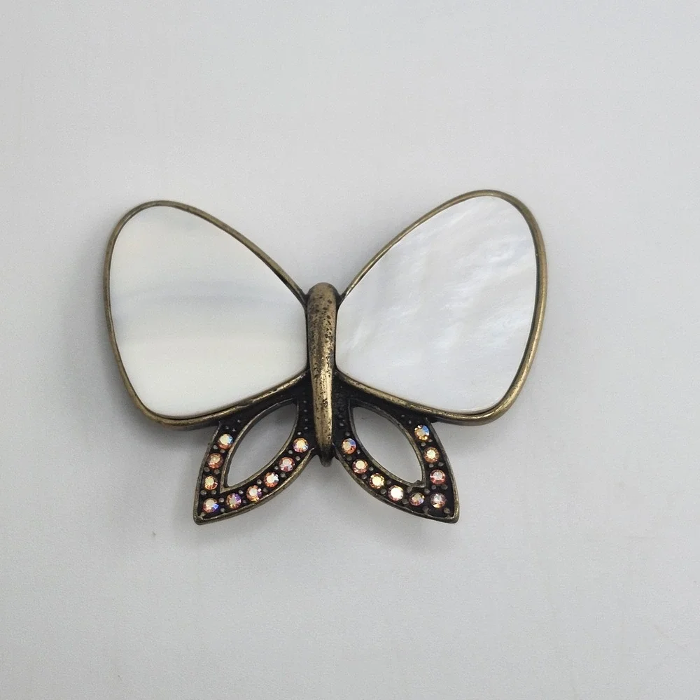 Vintage Pink And Iridescent‎ Marbled Stone Rhinestone Butterfly Brooch Pin